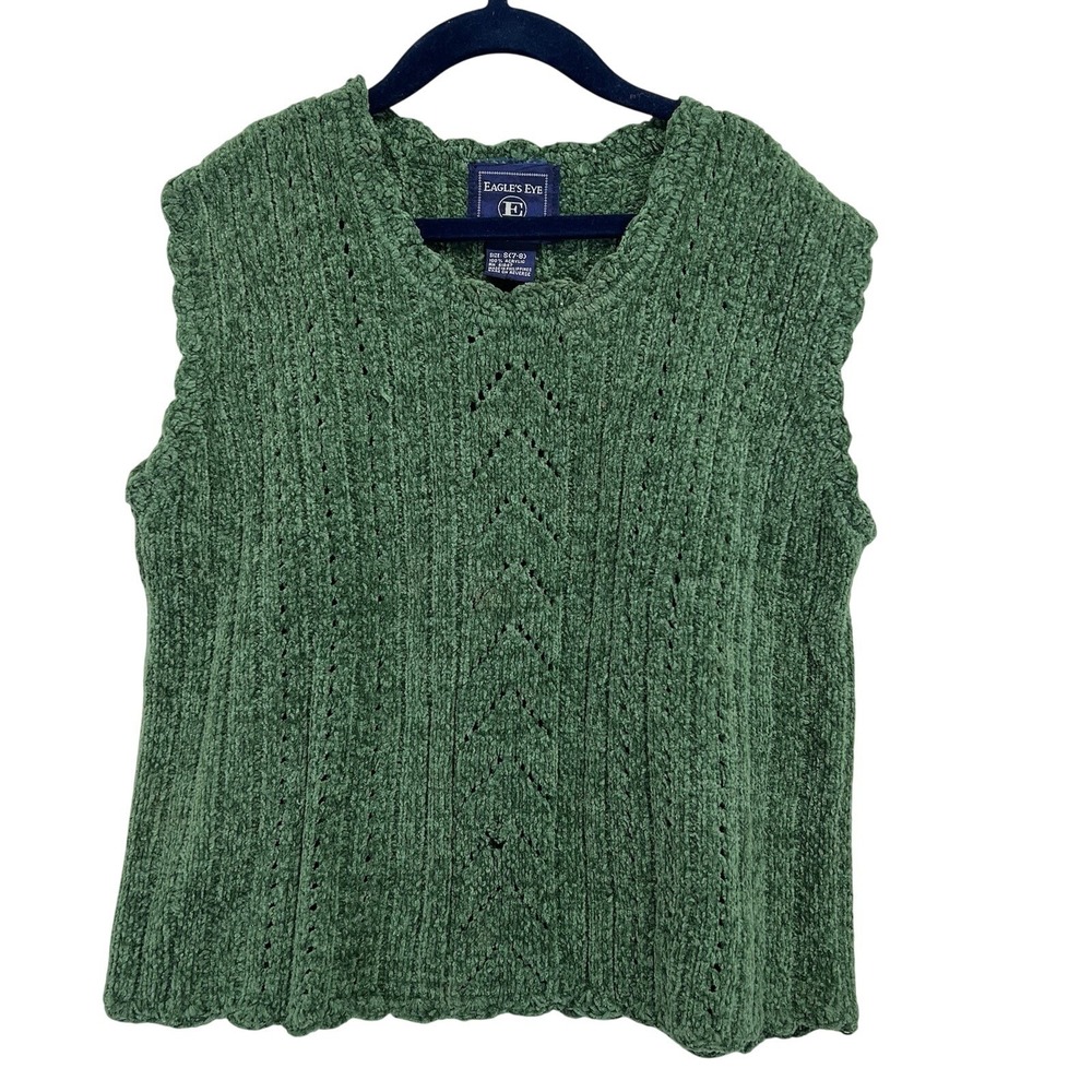 Eagle's‎ Eye Chenille Sweater Vest Kids S (7-8) Green Pointelle Scalloped Trim